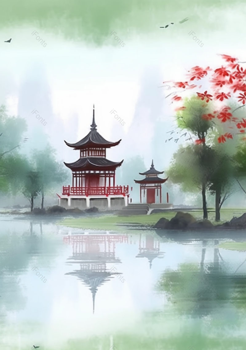 绿色中国风古典建筑房屋楼阁插画,插画/手绘图,插画/手绘图库,插画/手绘图下载,插画/手绘